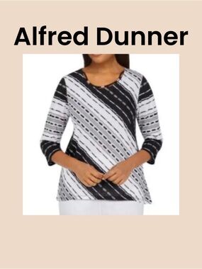 Alfred Dunner Black & White Diagonal Stripe Long Sleeve Top Size Large NWOT